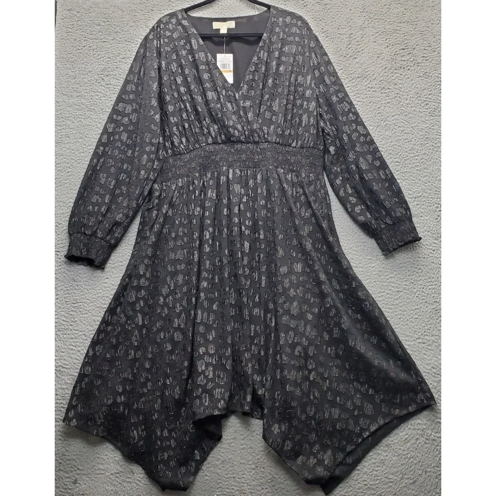 Michael Kors Maxi Dress Womens 3X Black Sparkly‎ Clip Jacquard Handkerchief-Hem
